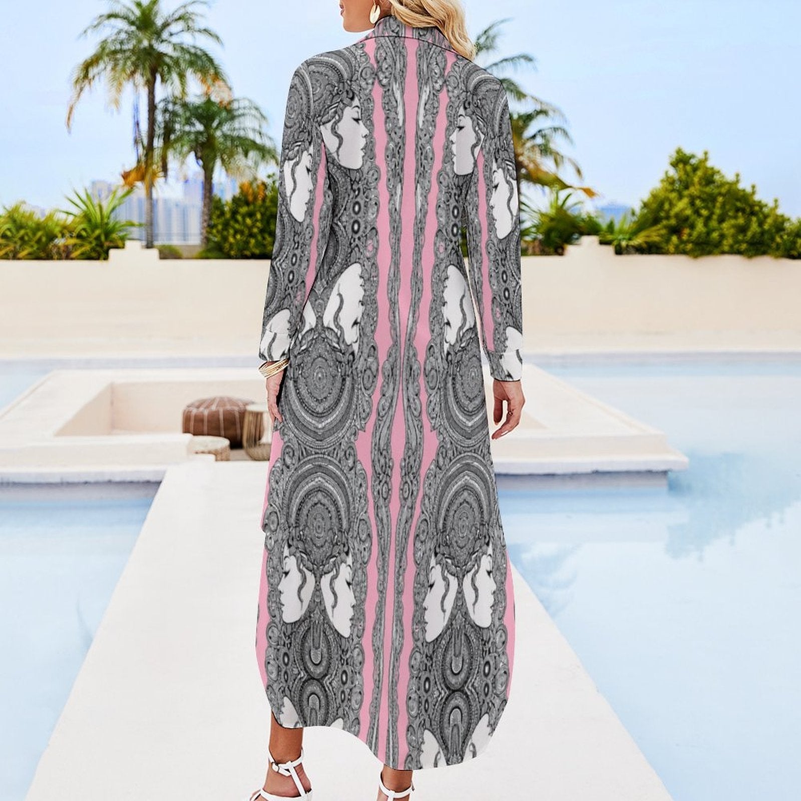 Rich and Rich Pink Caricature Women's Designer Button-Up Long Sleeve Shirt Dress