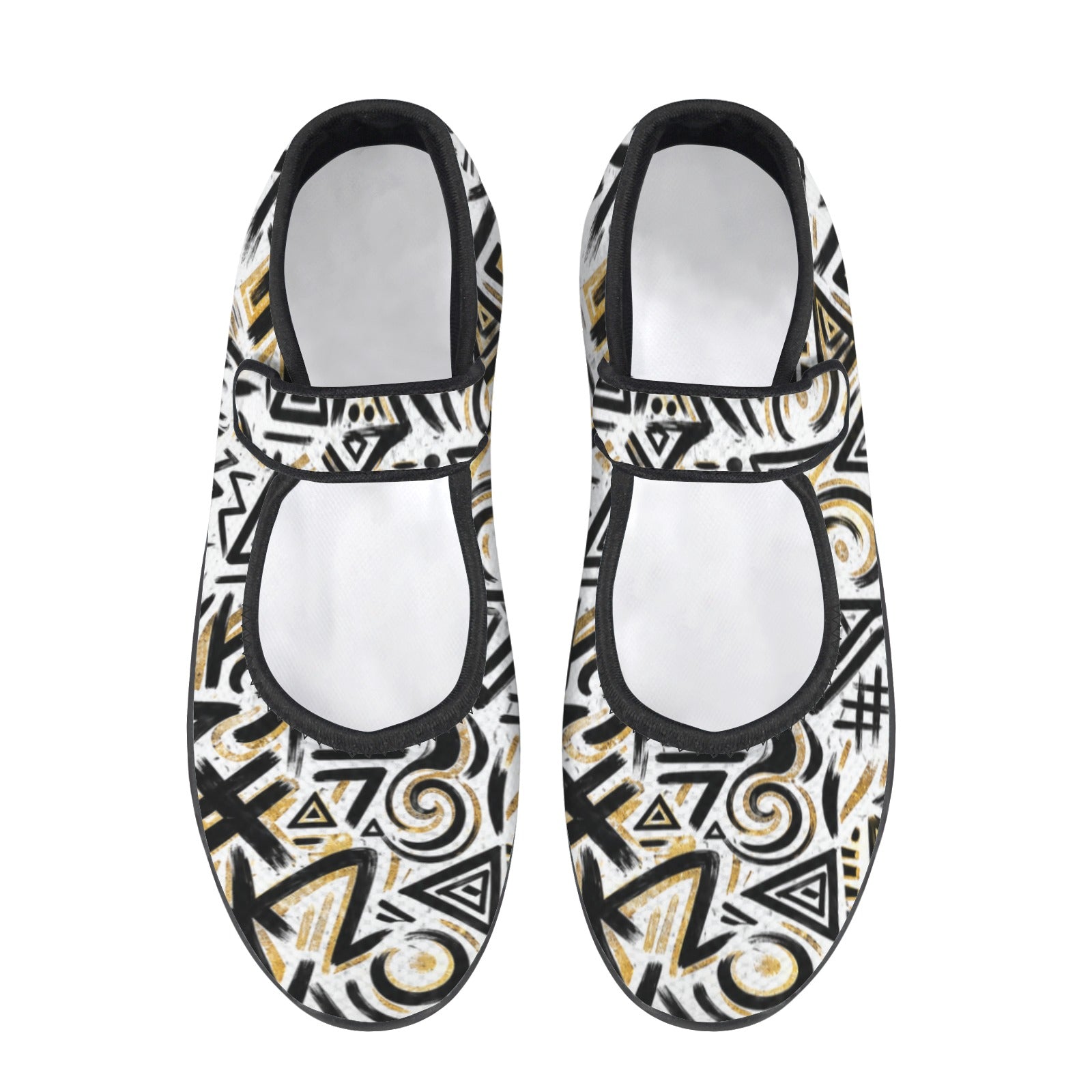 Pair of black, white, and gold patterned shoes on a white background