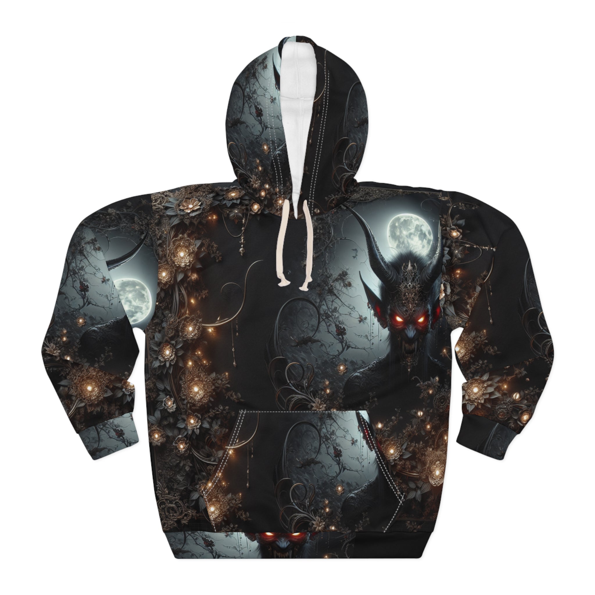 Unisex pullover hoodie with mystical fantasy all-over print and kangaroo pocket — alternate view