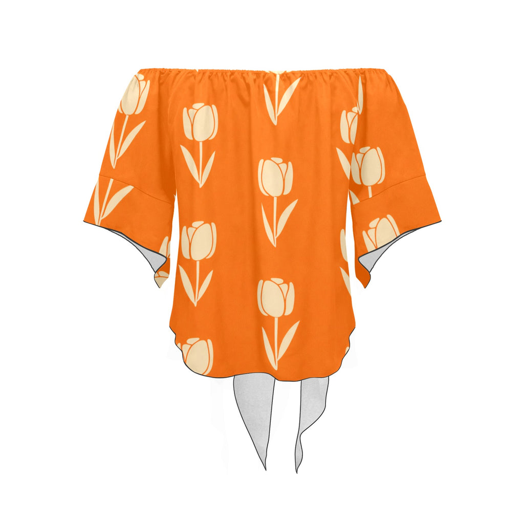 Rich and Rich Orange Tulip Women’s Off Shoulder Tie Knot Blouse – Summer Streetwear Top
