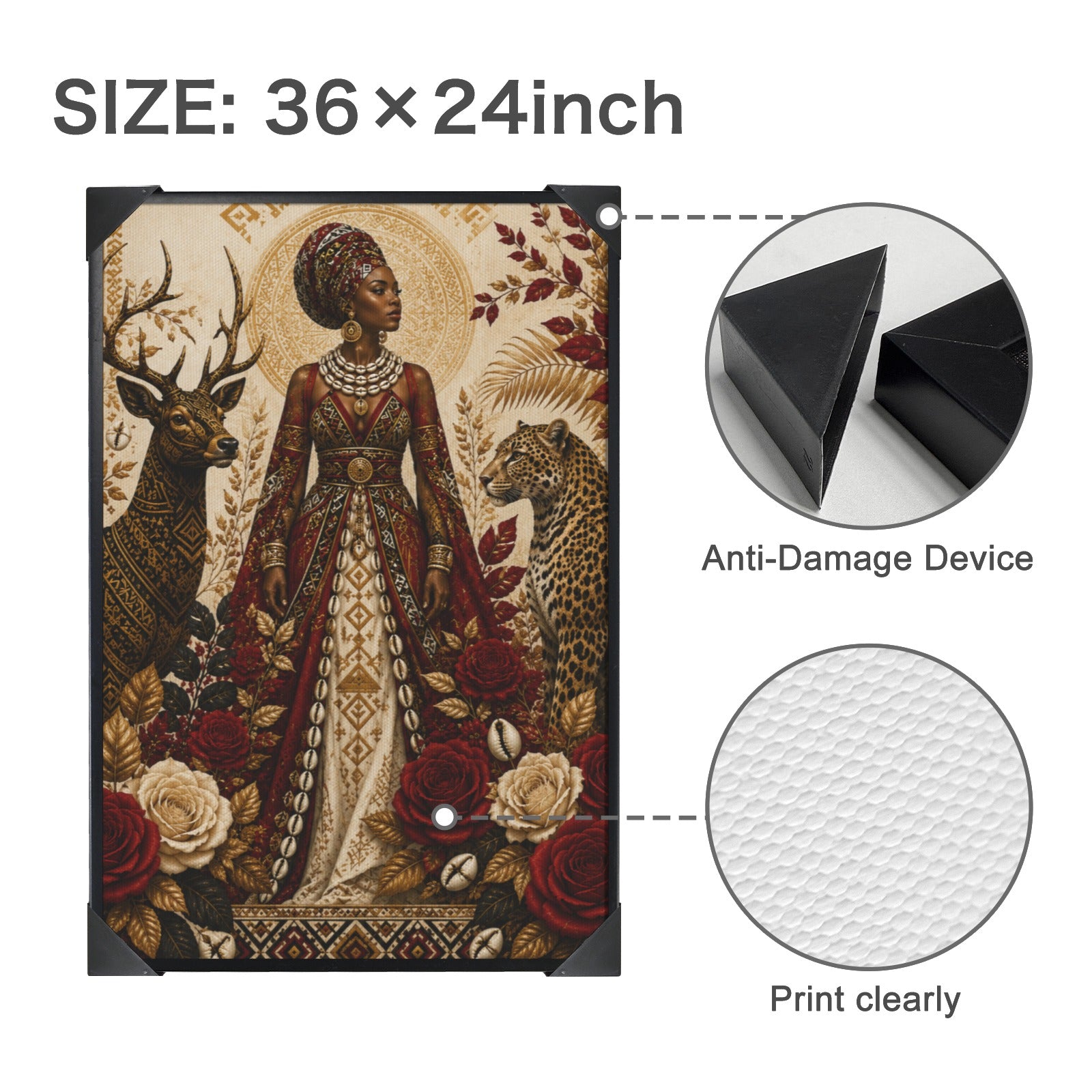 Black-framed canvas print of a Regal Queen portrait, 24 by 36 inches — side view