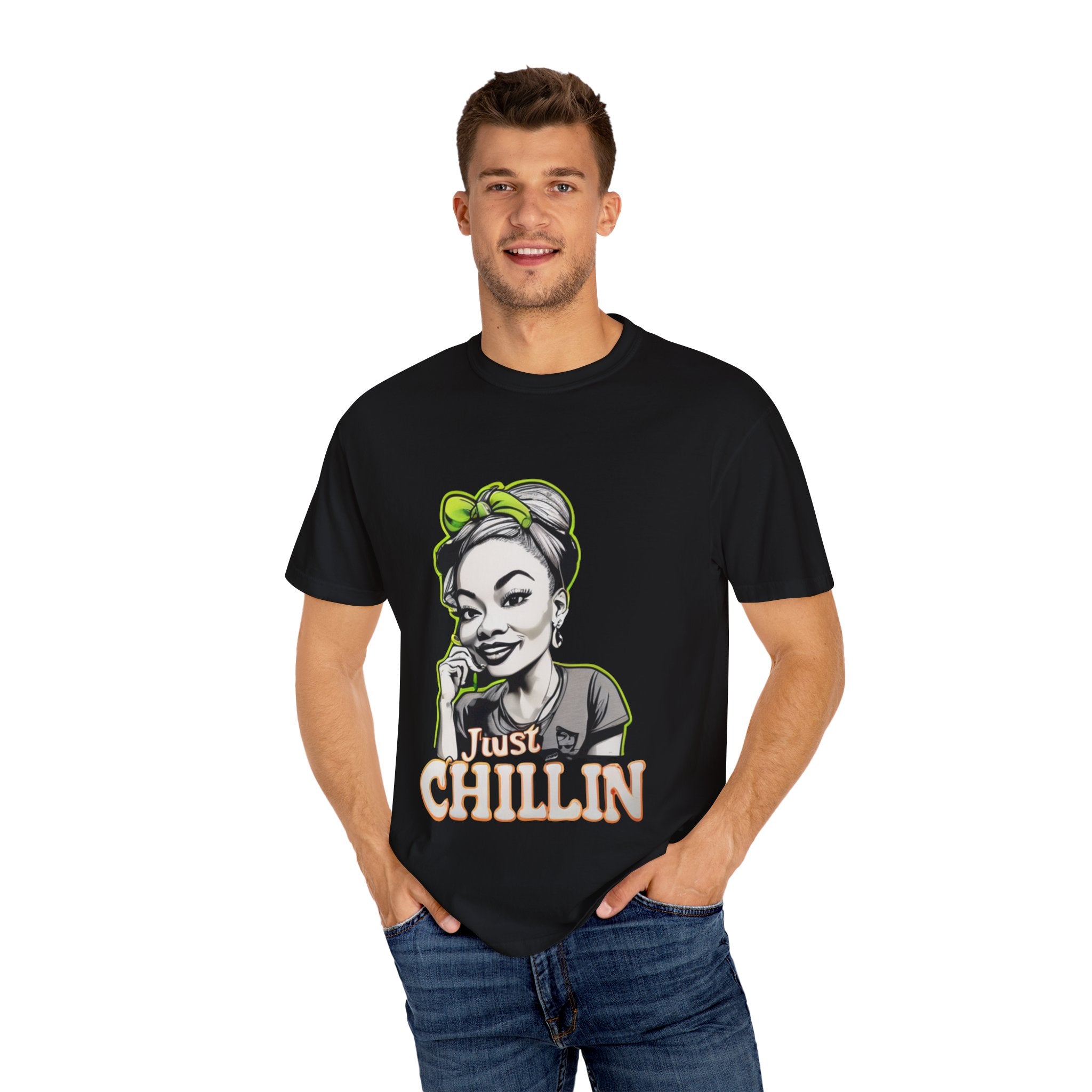Unisex garment-dyed 'Just Chillin' graphic t-shirt in vintage-style colors — side view