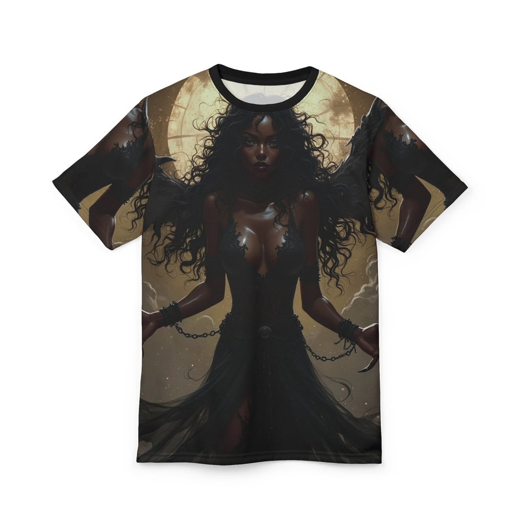 Gothic Angel Unisex All Over Print Graphic Tee featuring dark fantasy artwork