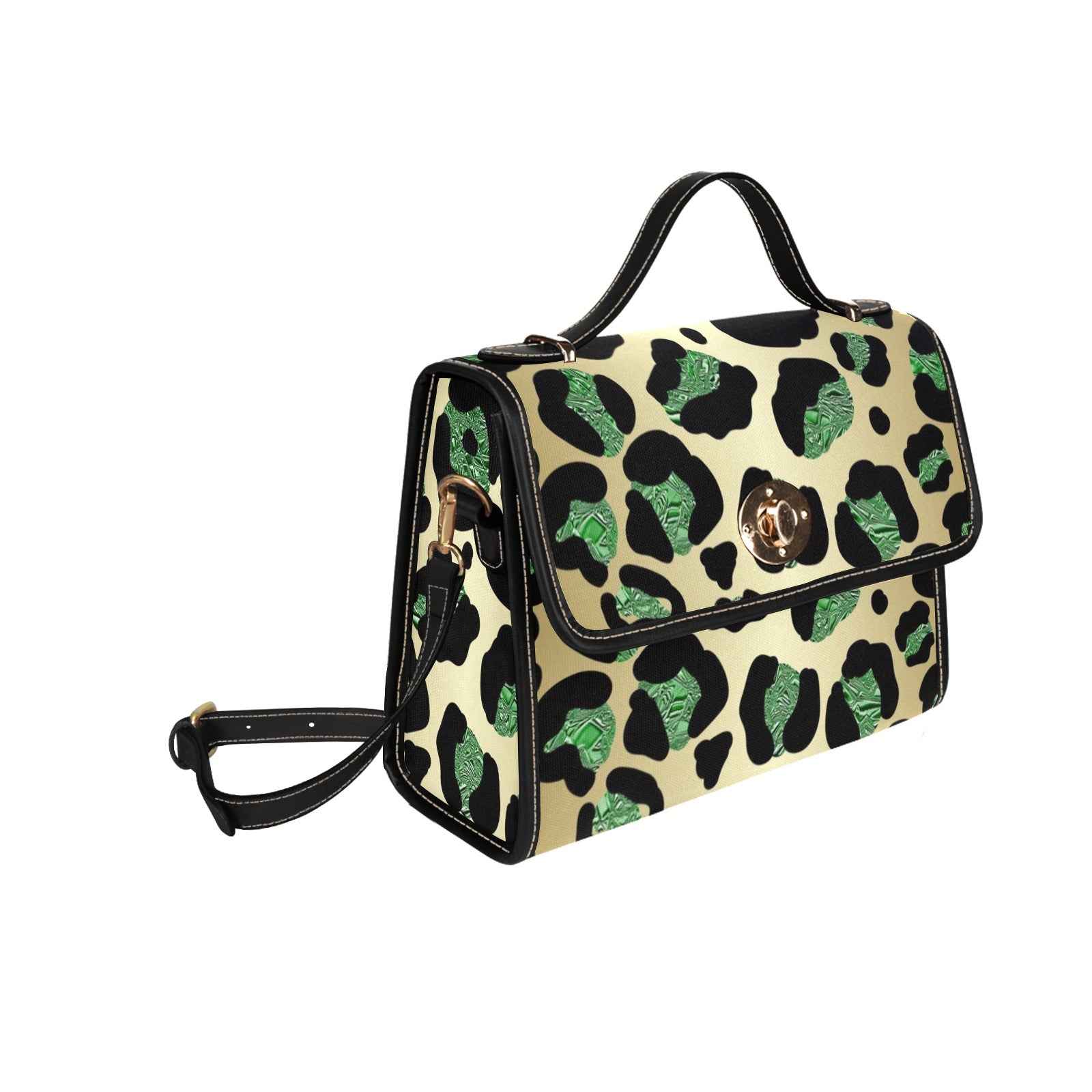 Waterproof emerald print canvas shoulder bag with PU leather handles and adjustable straps — product detail