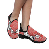 Red fly-weave slip-on women's sneakers with drop-in heel and EVA insole — rear view