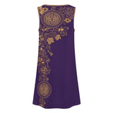 Sleeveless purple print women's dress with round neckline and side pockets — additional view 8