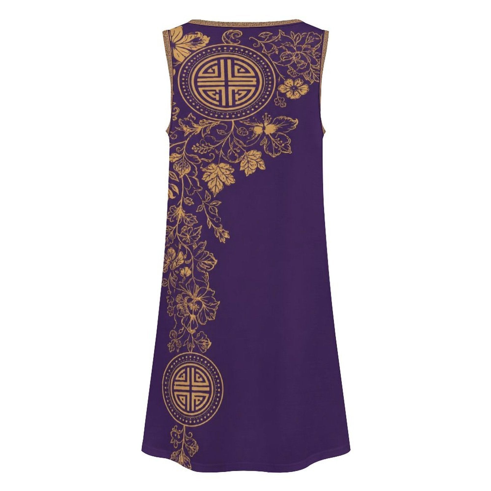 Sleeveless purple print women's dress with round neckline and side pockets — additional view 8