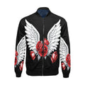 R&RH Men's Wings and Roses Black Full Zip Bomber Jacket with all-over print