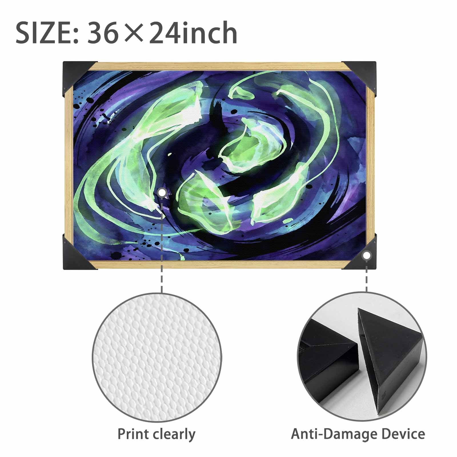 Nocturne swirl ink abstract canvas art in a natural wood frame, 36x24 inch — product detail