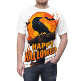 Unisex tee with crow silhouette and orange moon all-over print, crew neck and regular fit for Halloween — additional view 6