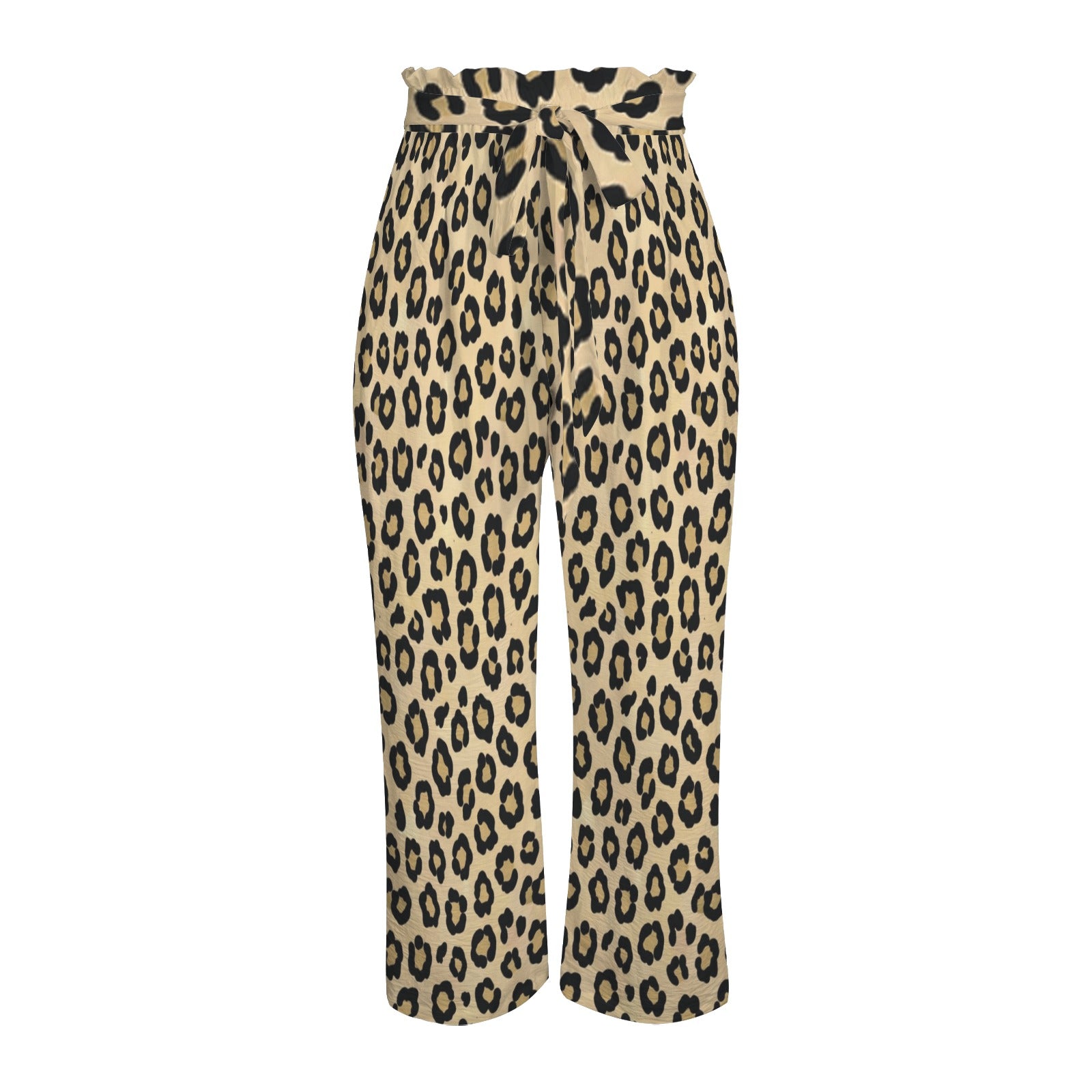 Brown animal print wide-leg women's pants with elastic waistband, tied belt, and side pockets — rear view
