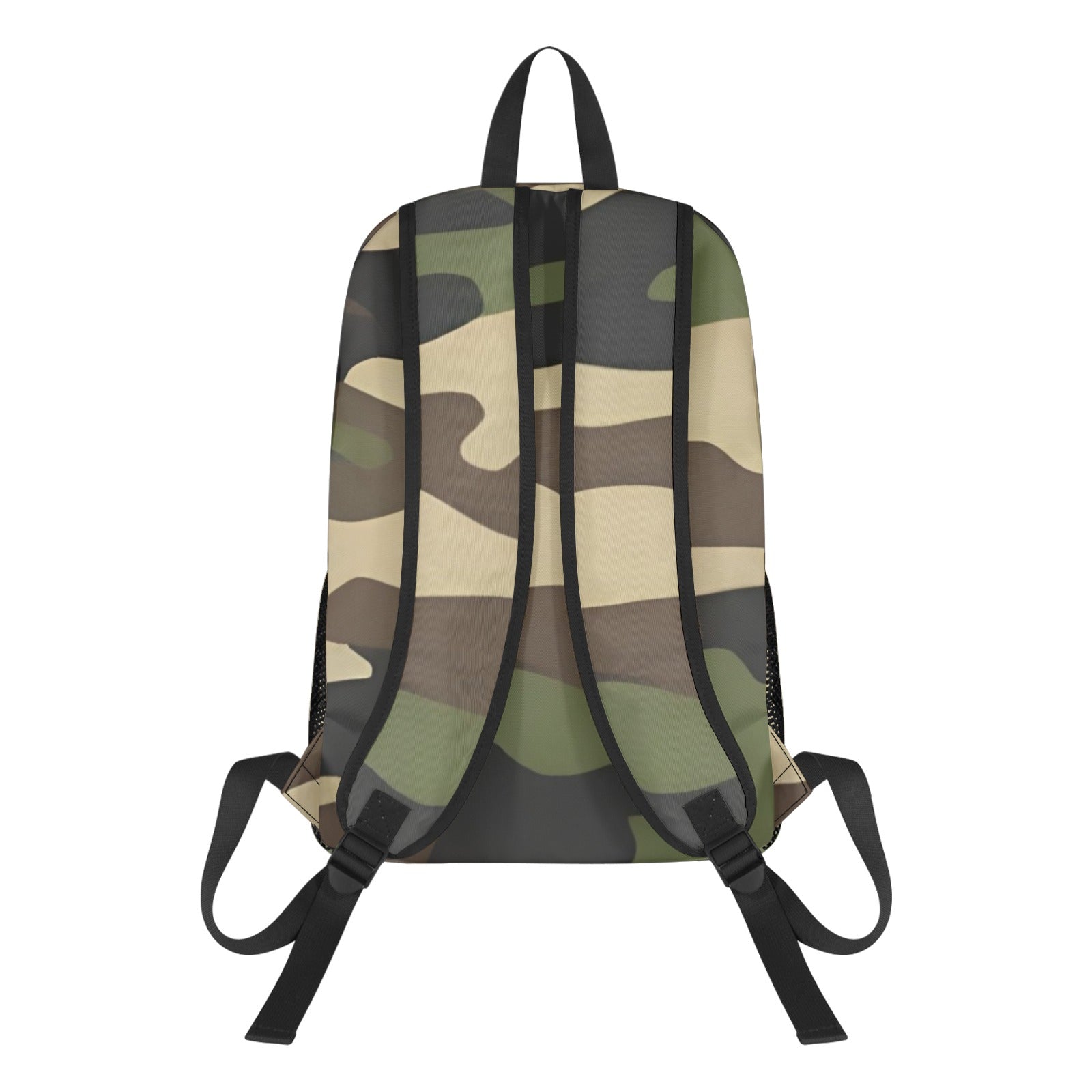 R&RH camo green unisex travel backpack with all over print, shown front view
