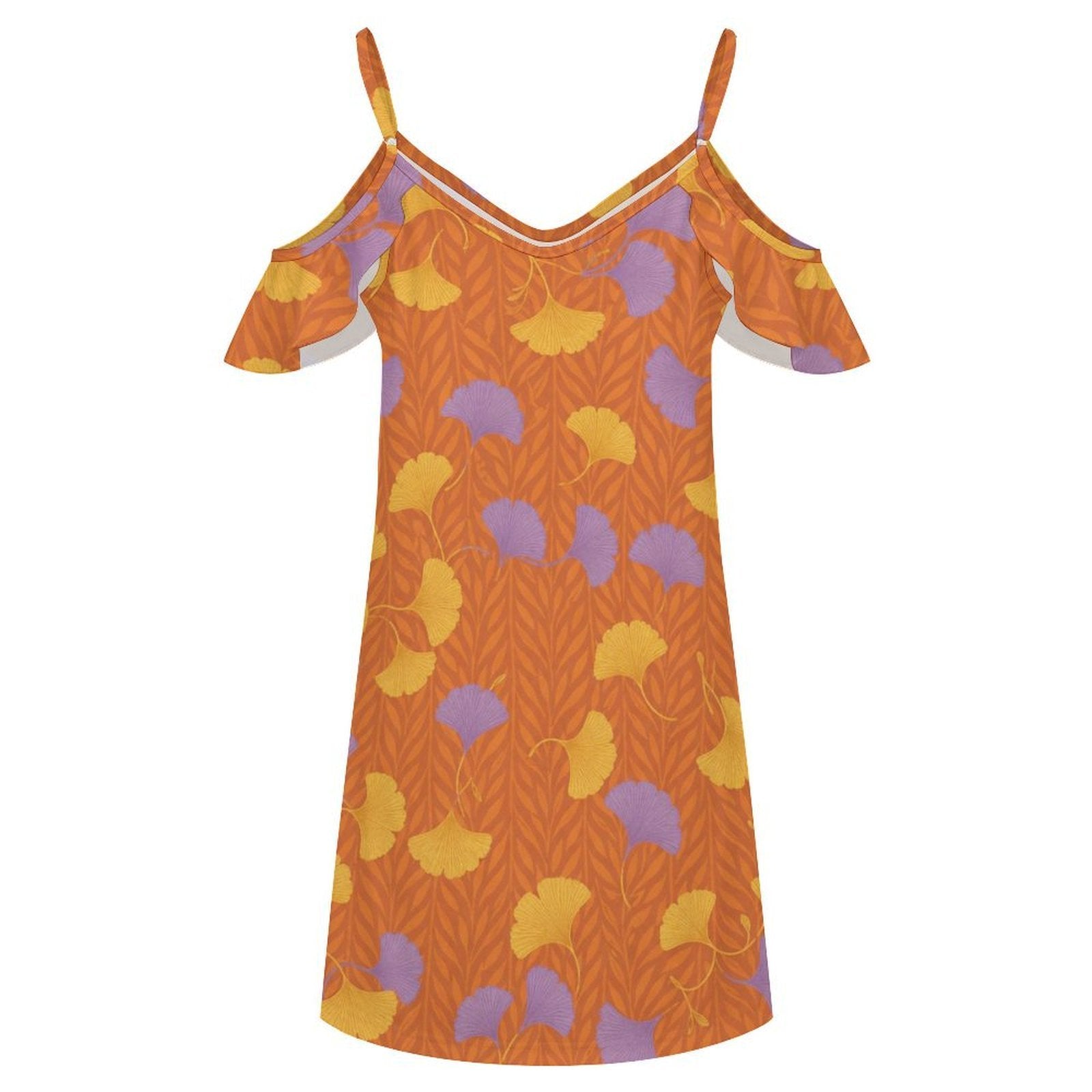 Rich and Rich Orange Floral Women's Spaghetti Strap Cold-Shoulder Ruffle Dress
