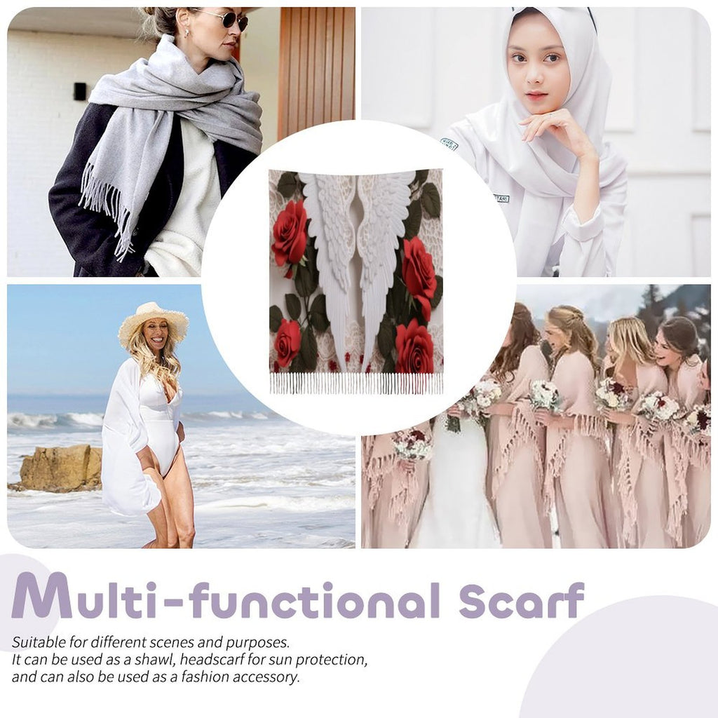 Soft imitation cashmere tassel scarf for adults, styled draped on mannequin