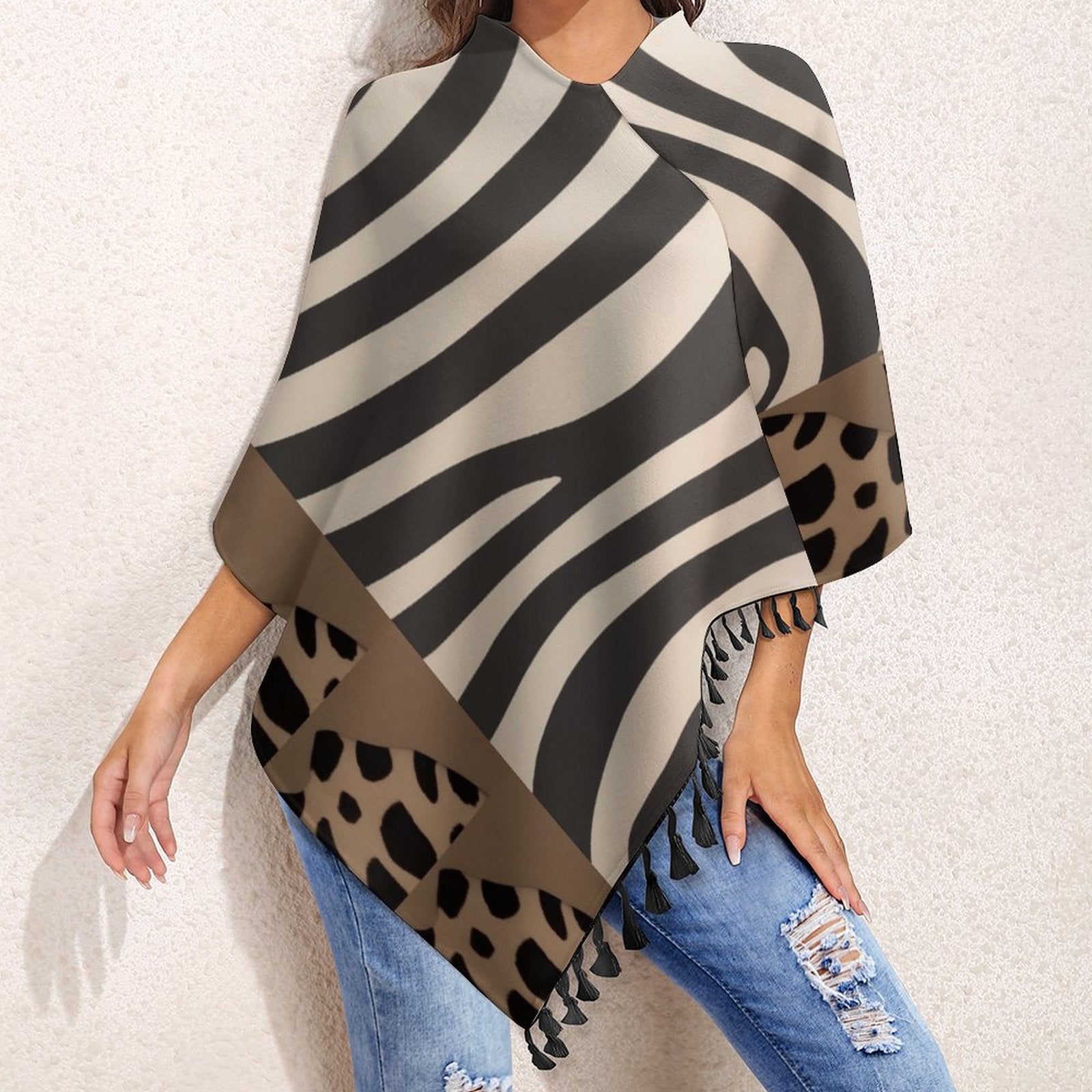 Loose women's tassel cape in smooth polyester blend with tassel trim — rear view