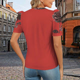 Women's crew neck puff sleeve T-shirt with red rose all-over print — product detail