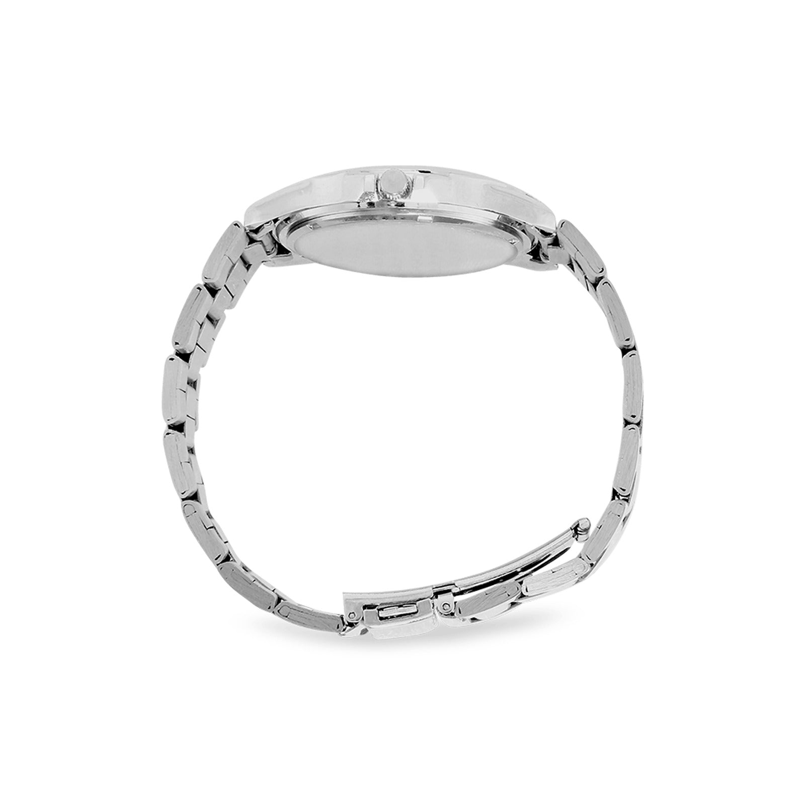 Men's stainless steel analog watch with San Francisco bridge design and metal band — rear view