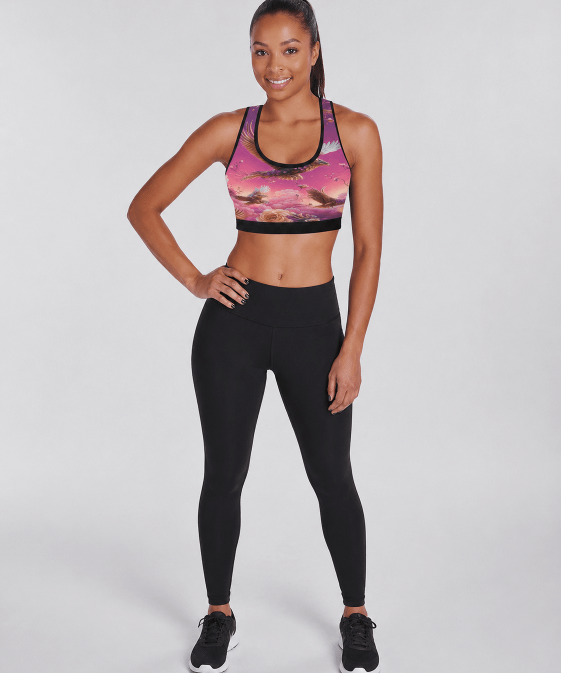 Pink nature-inspired women’s sports bra with compressive unpadded fit and quick-dry fabric