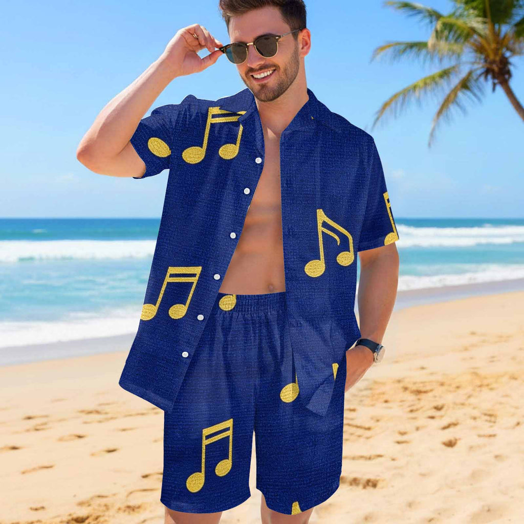 Rich and Rich Blue Musical Notes Men’s Shirt and Shorts Outfit | Casual Matching Set