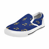 Blue canvas slip-on shoe with musical notes print, cushioned footbed and elastic goring — rear view