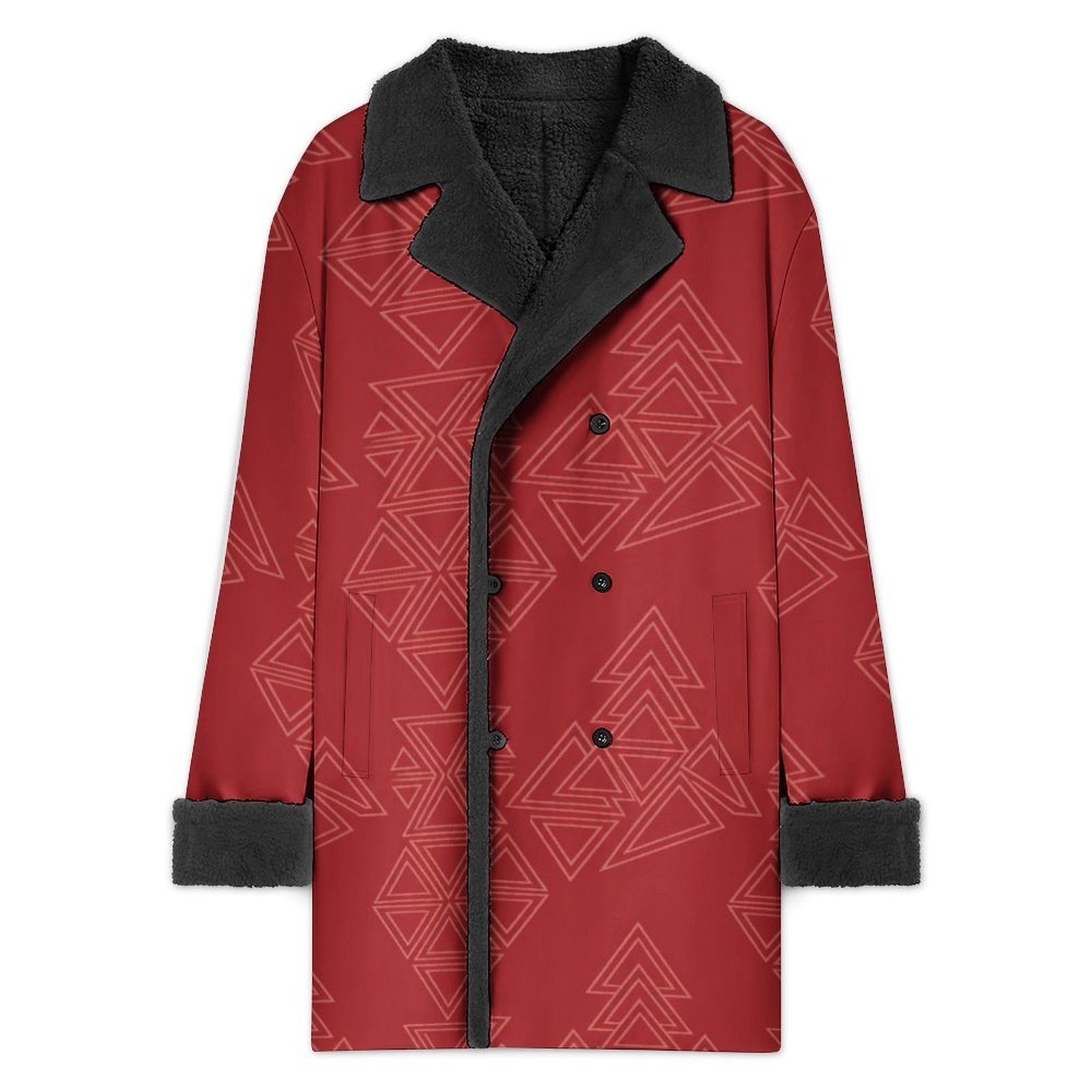 Red men's double-breasted coat with geometric print and sherpa fleece lining — side view