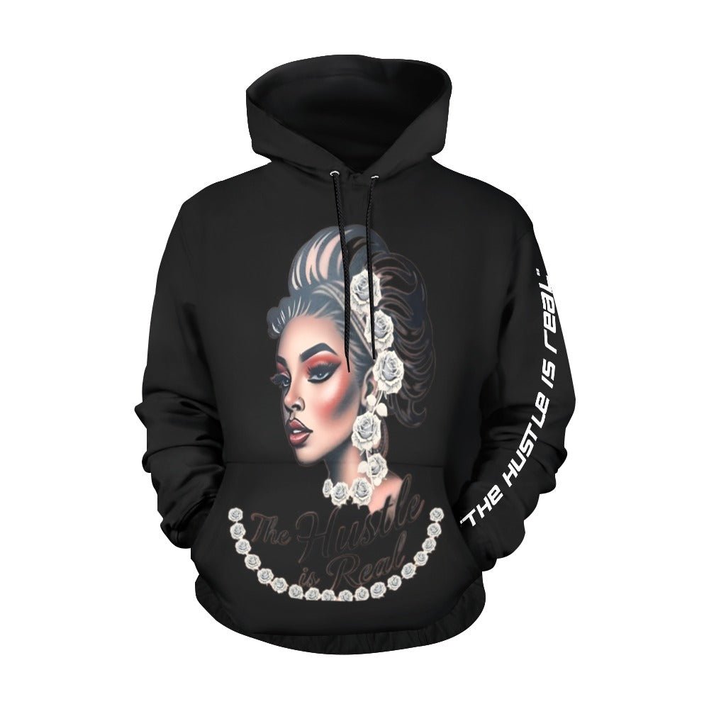 White roses all-over print women's hoodie with kangaroo pocket and pronounced cuffs — side view