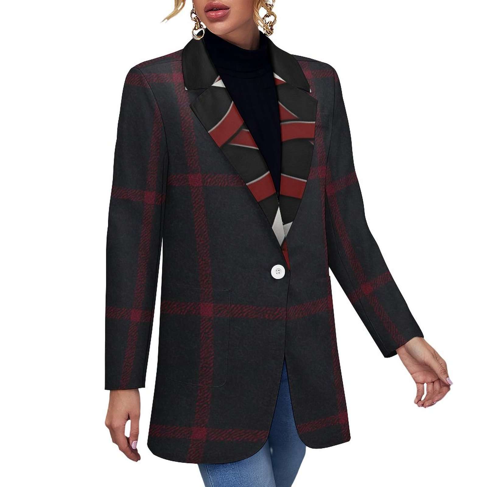 Women's red and gray all-over print casual blazer with flat lapel and two pockets