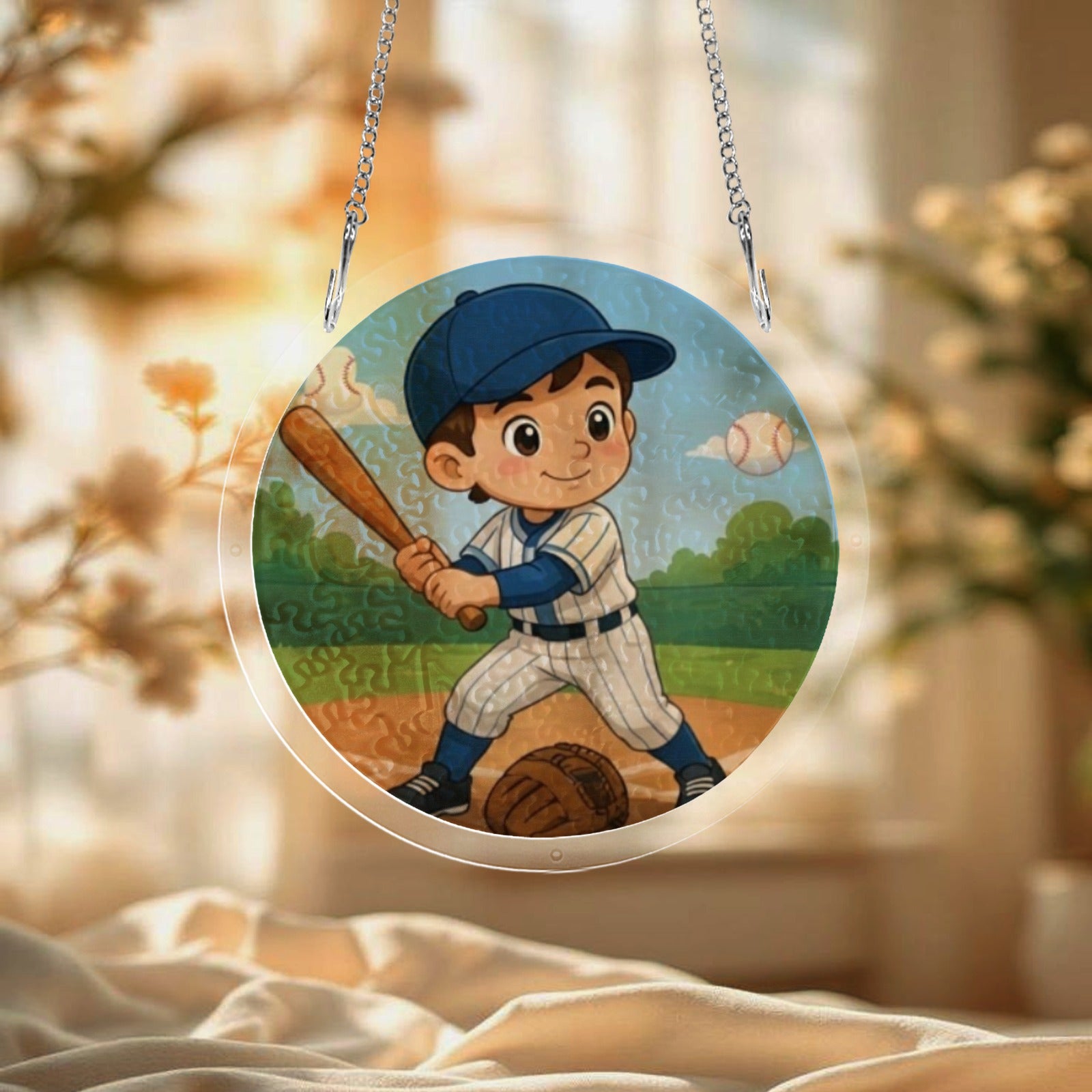 Round acrylic ornament with baseball artwork and metal hanging chain, 20.8 cm diameter — side view