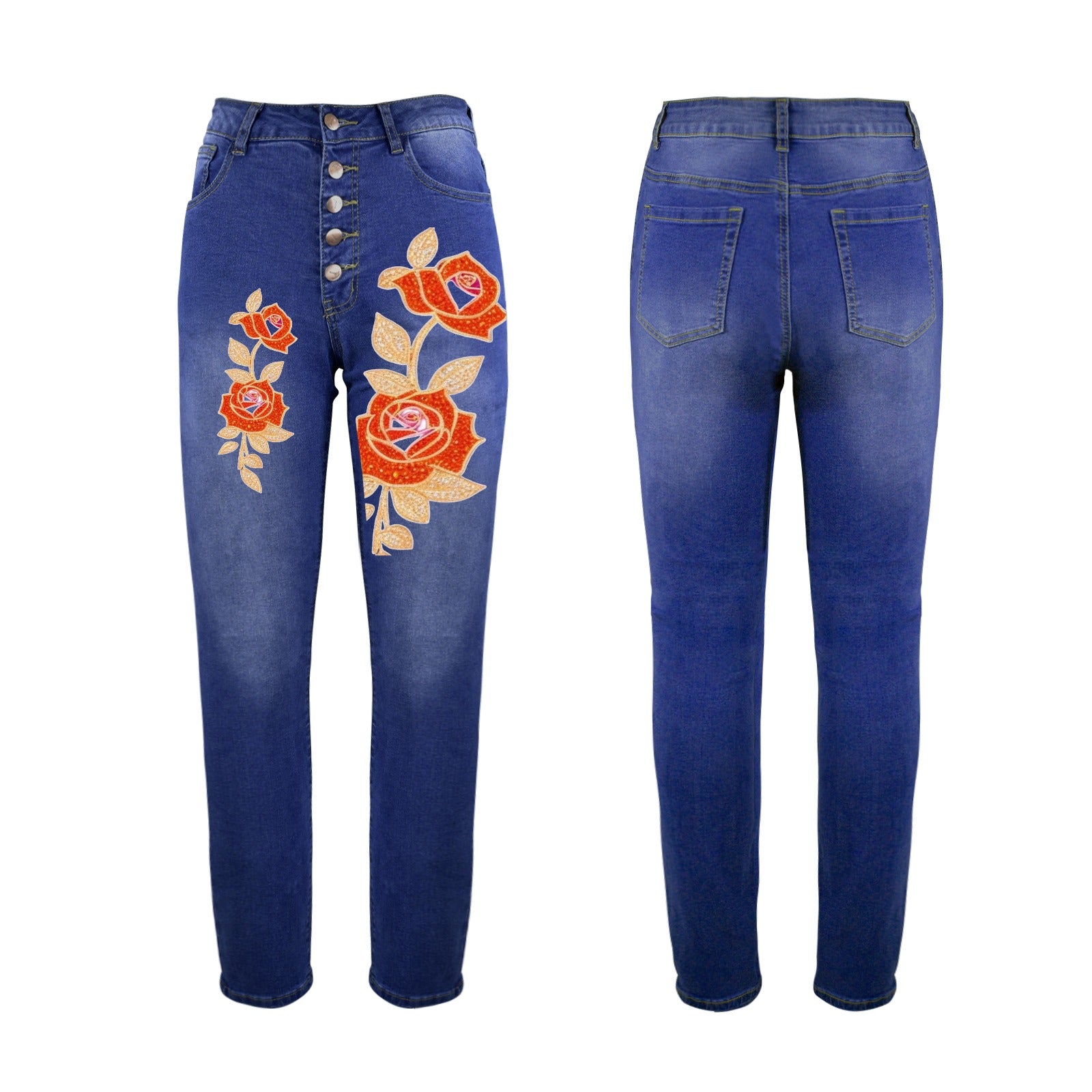 R&RH Women's Orange Rose Button Front High Waist Jeans with Front and Back Prints