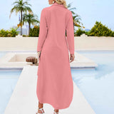 Pink peach long-sleeve button-up shirt dress with split hem and all-over print — alternate view