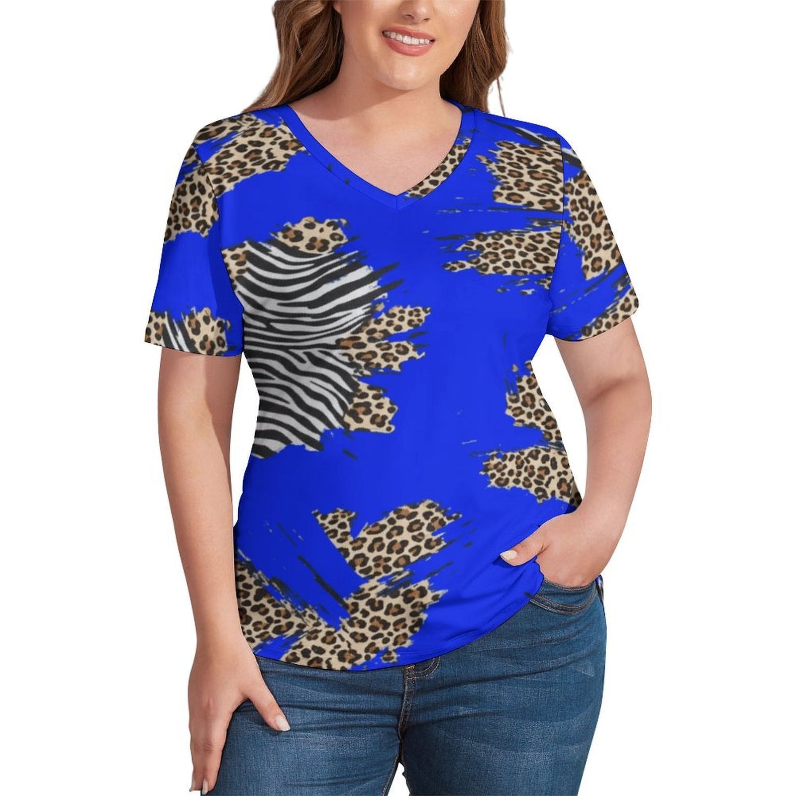 Rich and Rich Royal Blue Animal Print Women's Short-Sleeve V-Neck T-Shirt