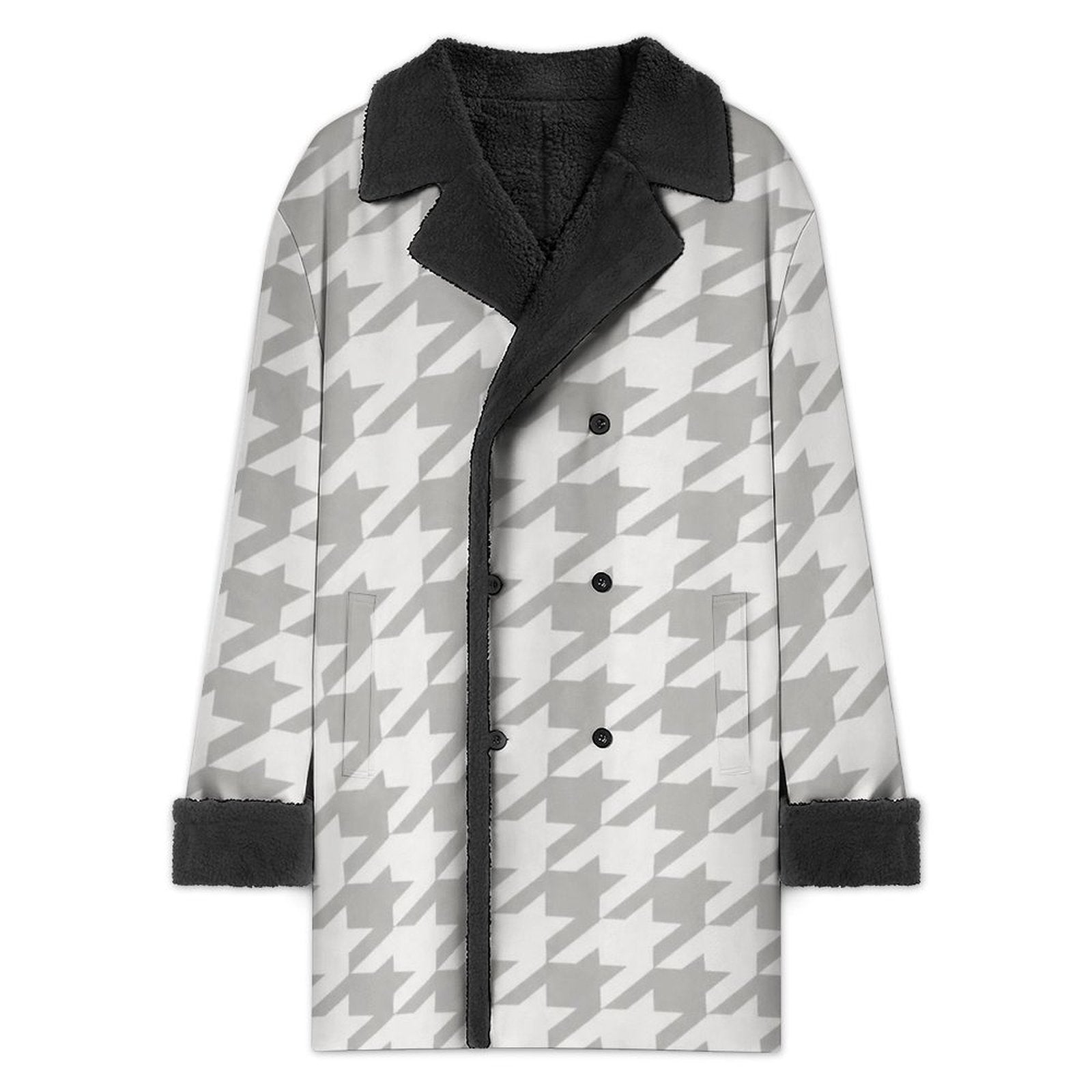 Men's knee-length white houndstooth double-breasted coat with black sherpa lining — alternate view