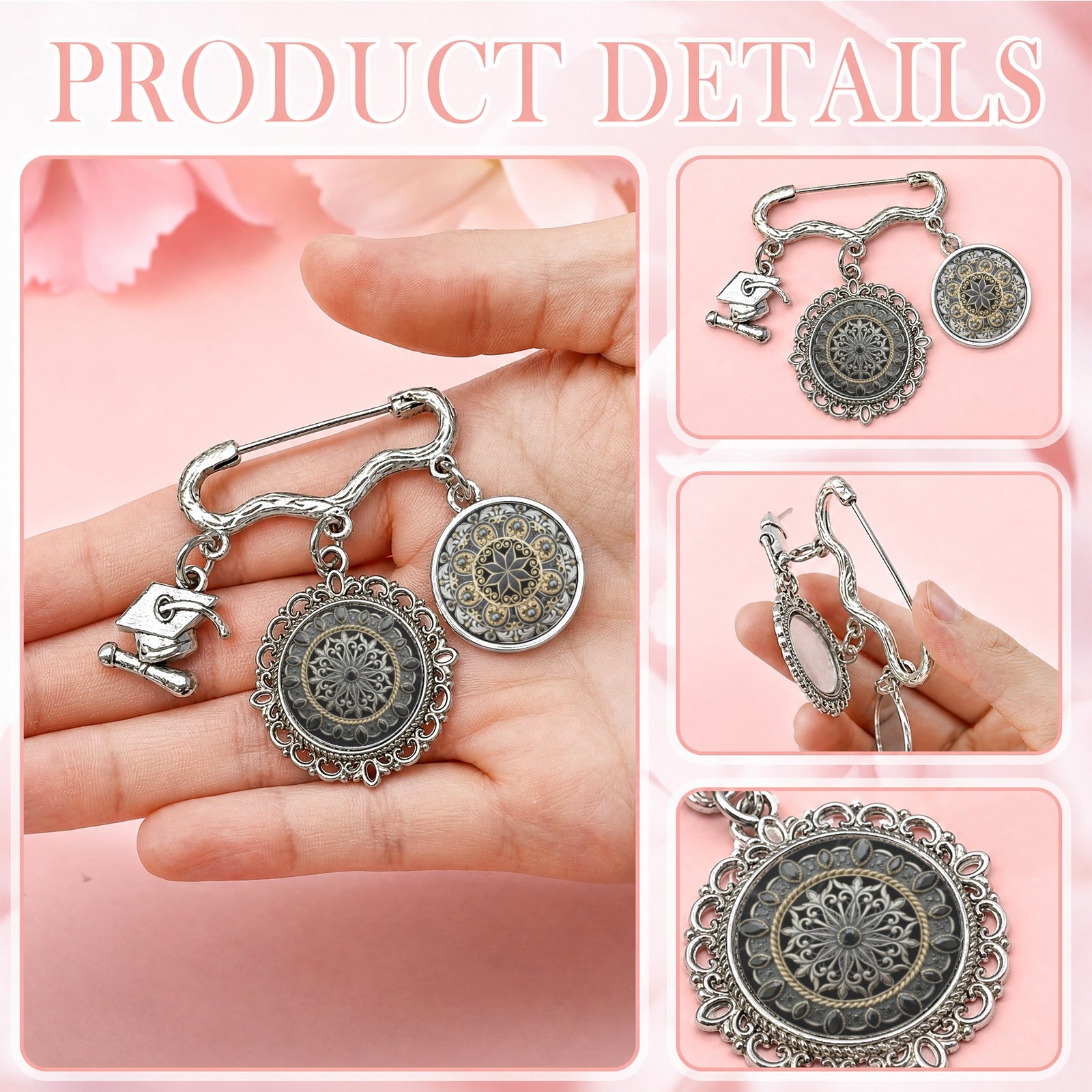 Black and gold baroque-style brooch with two round photo charms and a graduation cap charm — product detail
