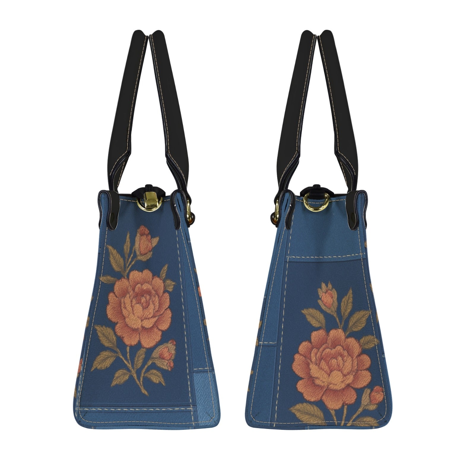 Blue floral PU leather satchel handbag with top handle and adjustable shoulder strap — side view
