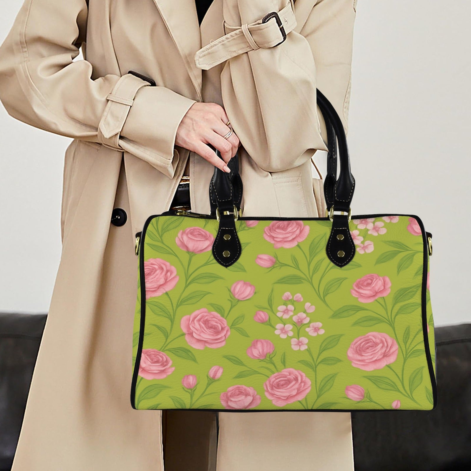 Rich and Rich Pink Floral Boston Leather Large Women's Handbag with floral design