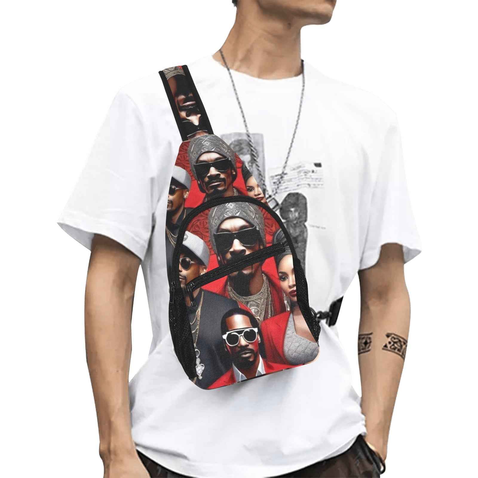 Red caricature all-over print chest bag with adjustable shoulder strap and multiple pockets