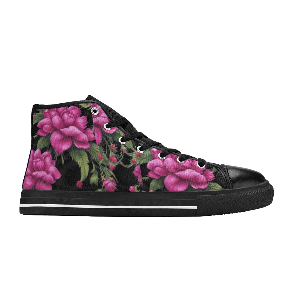 R&RH Fushia Roses Women's Classic High Top Canvas Shoes with vibrant floral design