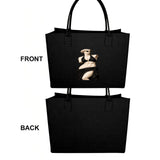 Black structured felt tote with Modern Goddess artwork printed on one side — rear view