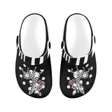 a Critter Kicks Zebra Zest Kids Black Clogs