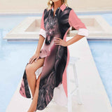 Pink peach long-sleeve button-up shirt dress with split hem and all-over print — side view