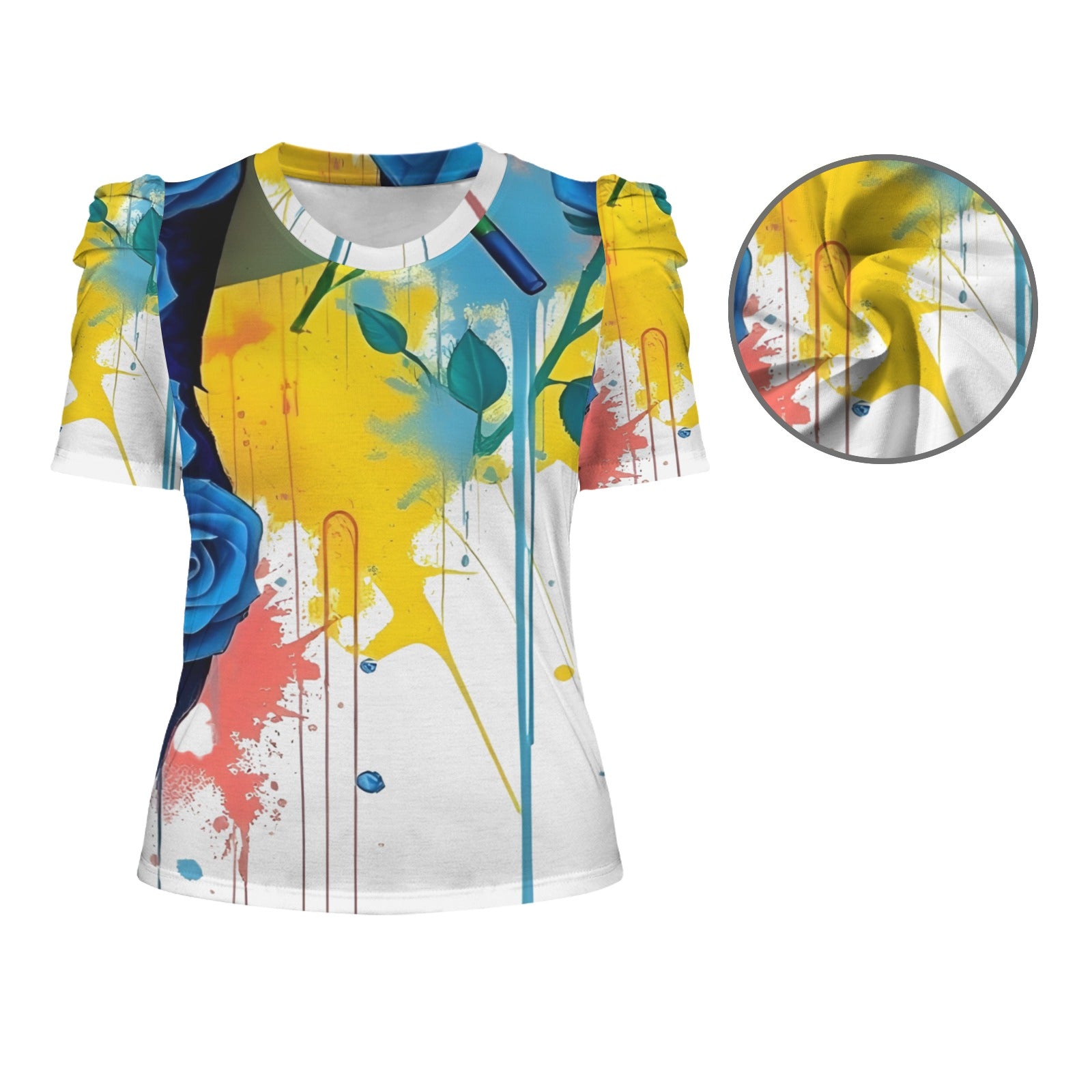 Rich and Rich Women's Rose Print Round Neck Puff Sleeve T-Shirt
