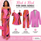 Women's pink swirl pants set with off-shoulder top and matching pink blazer