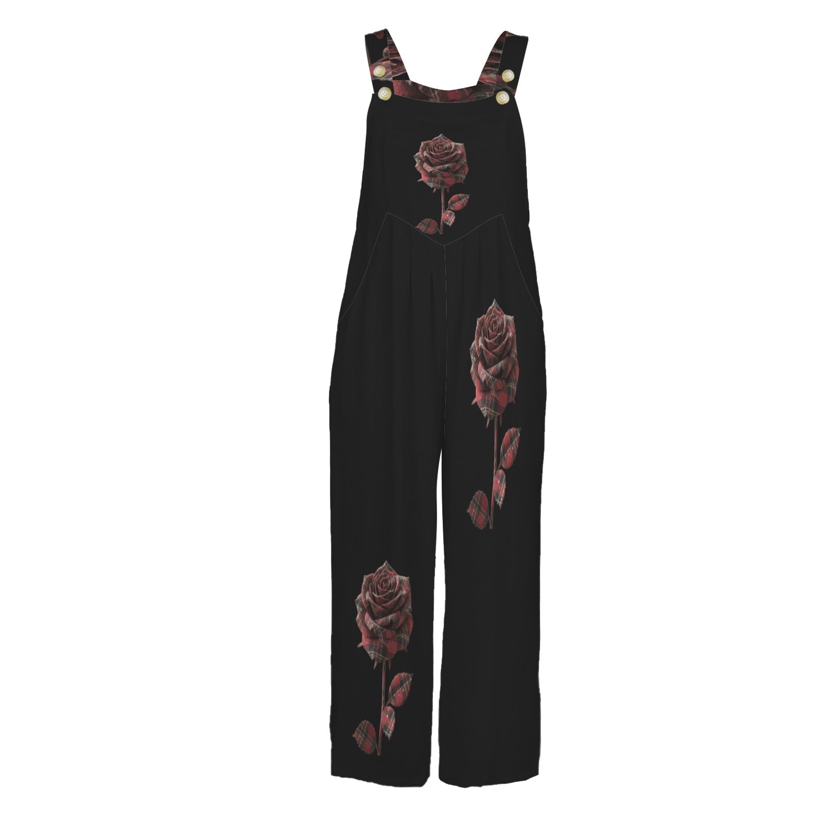 Black sleeveless wide-leg jumpsuit with red rose print and button straps — side view