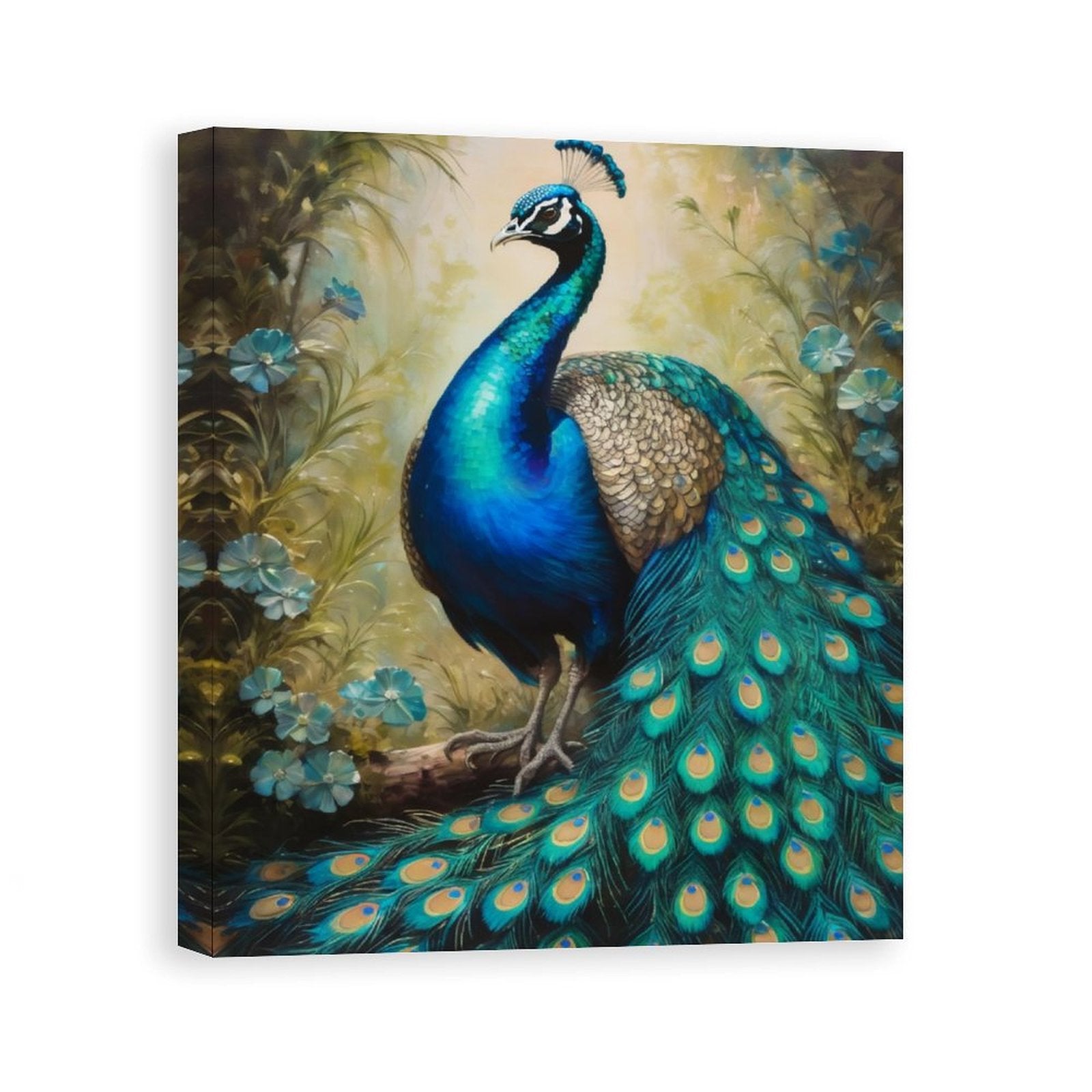 Vertical peacock canvas art with bright blue and green tones, hand-framed 20×24
