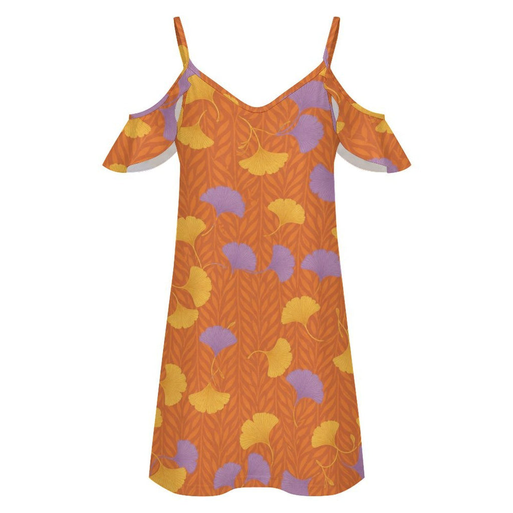 Rich and Rich Orange Floral Women's Spaghetti Strap Cold-Shoulder Ruffle Dress