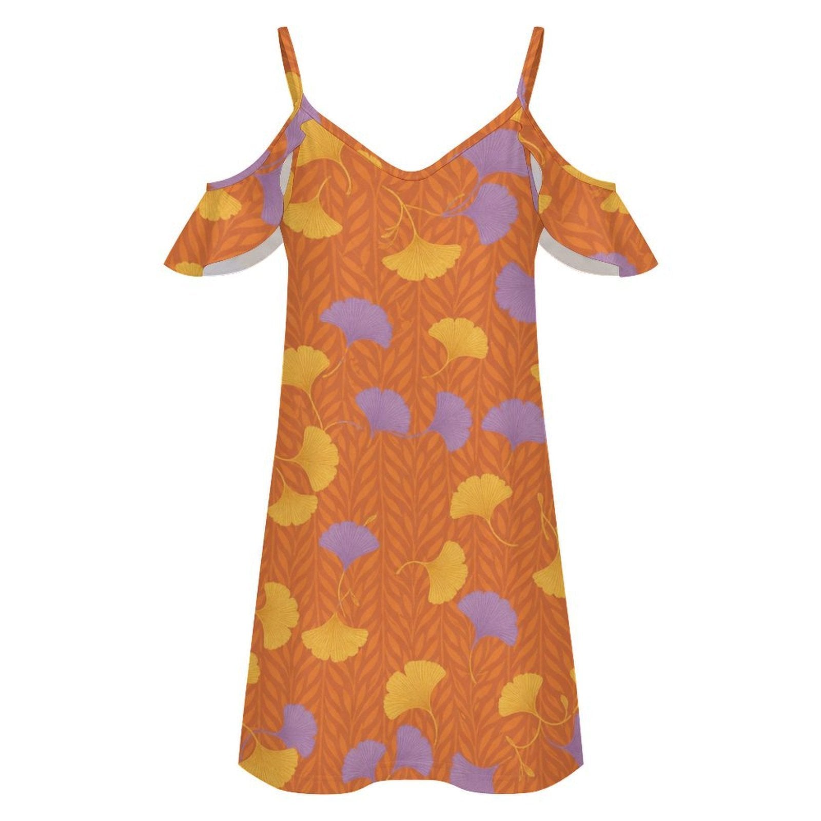 Rich and Rich Orange Floral Women's Spaghetti Strap Cold-Shoulder Ruffle Dress