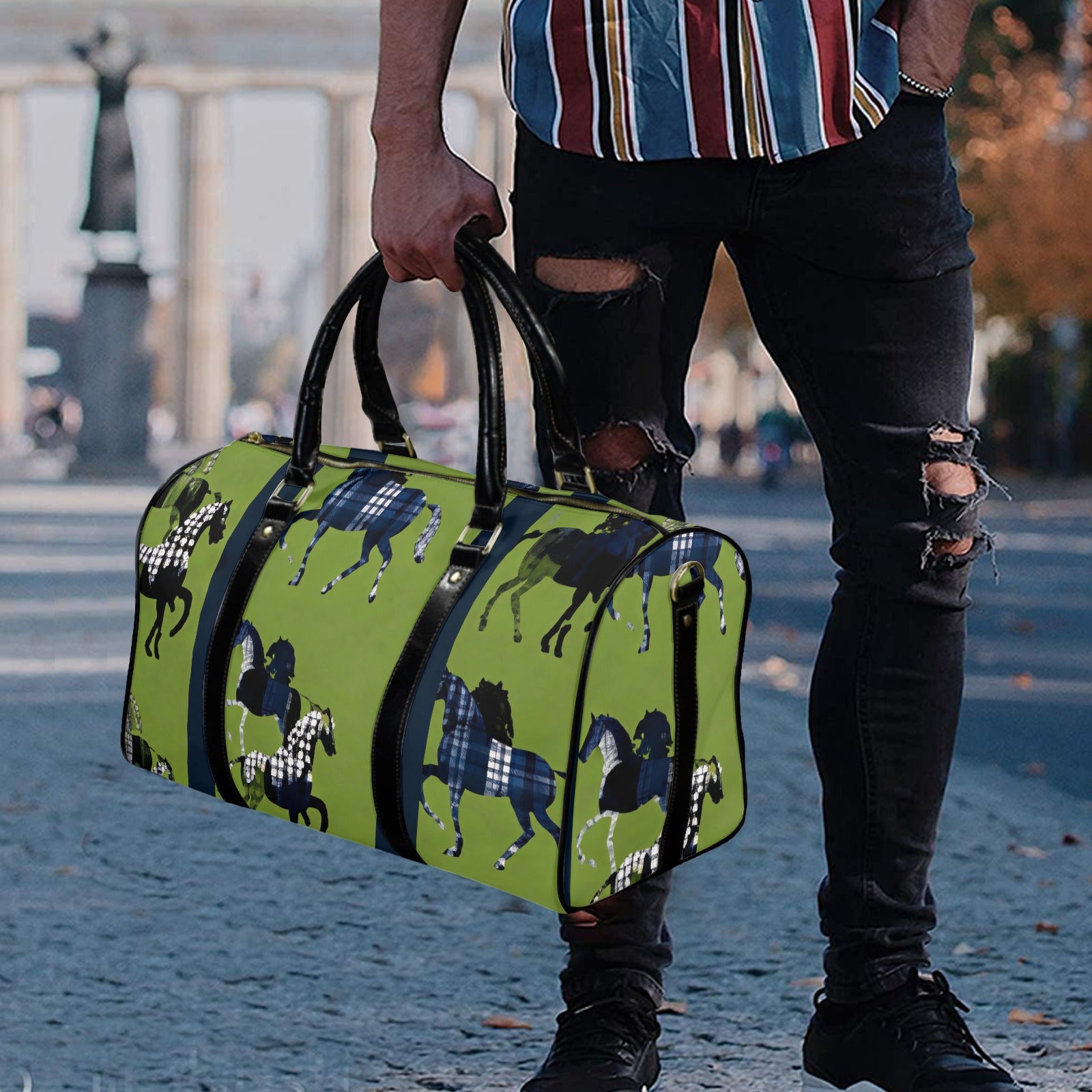 Green horse-pattern PU leather travel duffel with top handles and adjustable shoulder strap — additional view 7