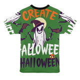 Green witches-themed women's all-over print T-shirt in polyester mesh — side view