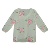 Pink and mint green floral chiffon blouse with V-neck and long puff sleeves — additional view 6
