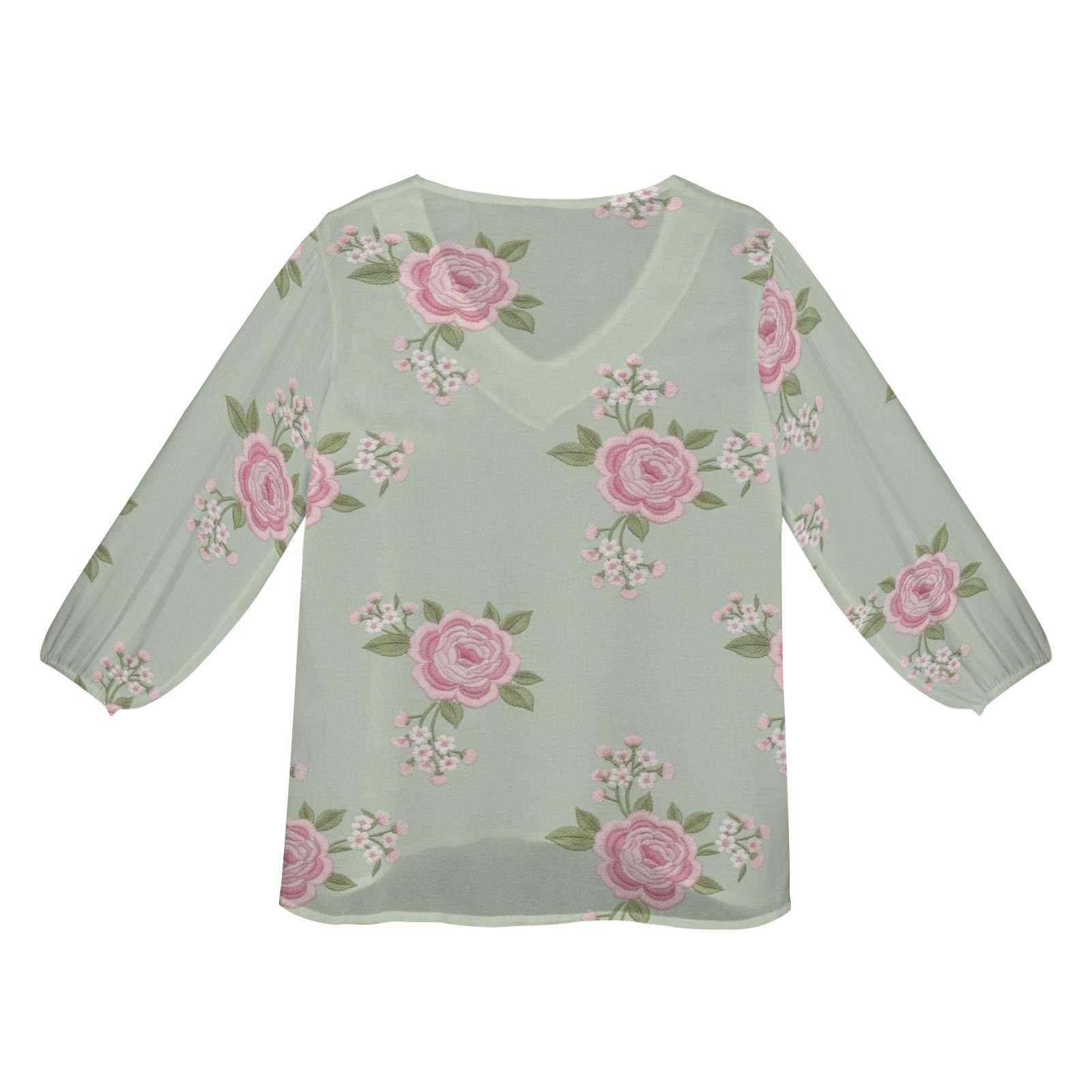 Pink and mint green floral chiffon blouse with V-neck and long puff sleeves — additional view 6